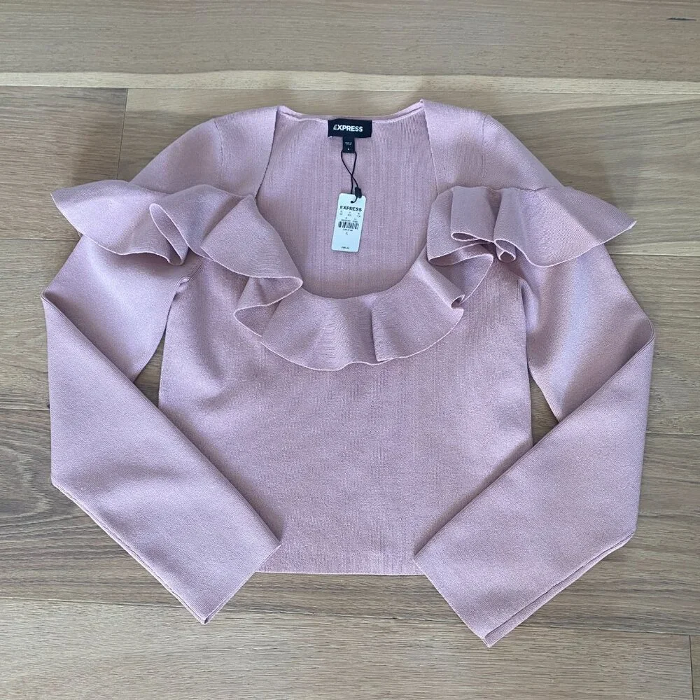 Express Pink Long Sleeve Crop Top w Ruffle Detailing Size Large NWT - Picture 3 of 8